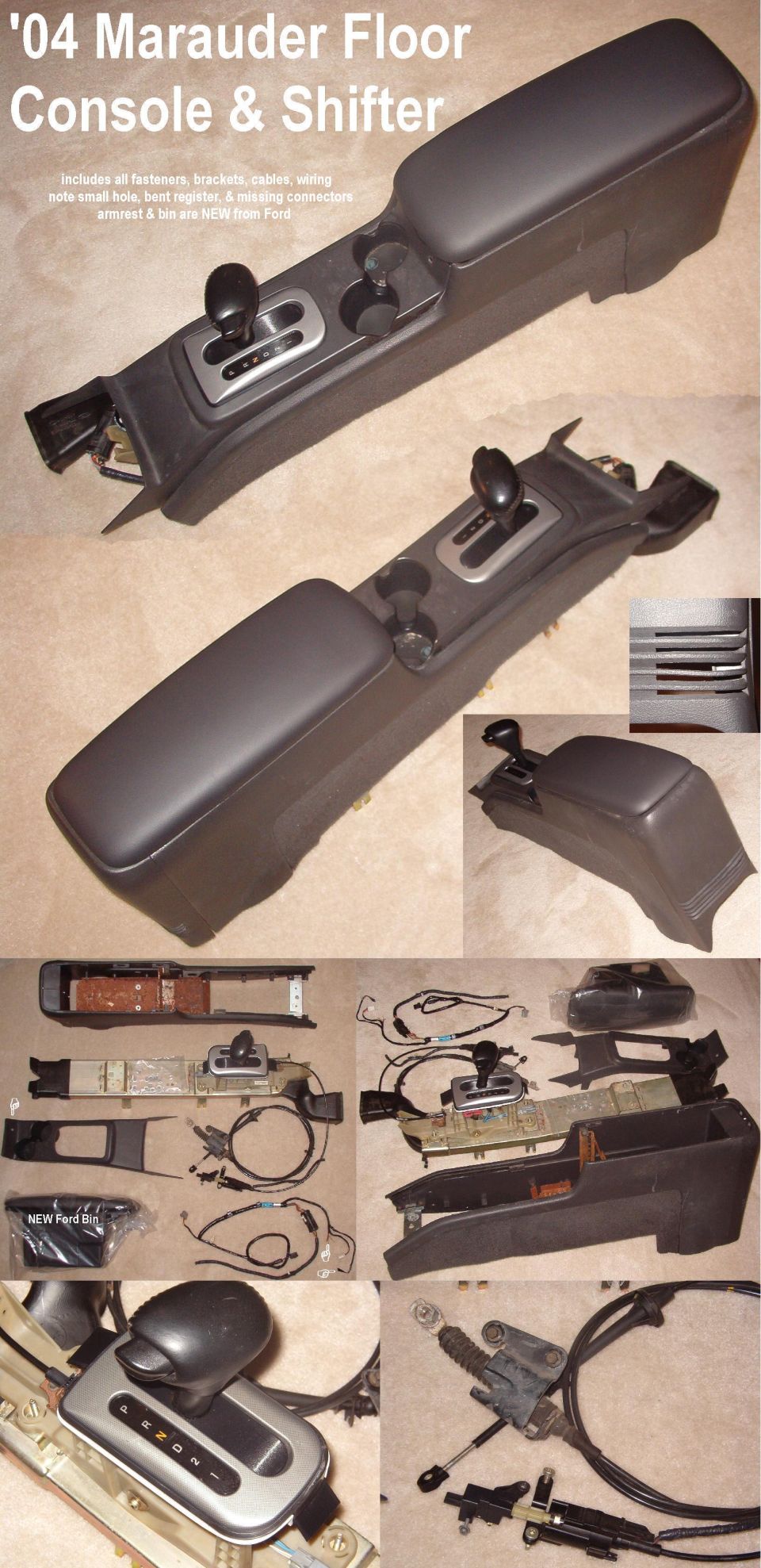 Disassembled 2004 Mercury Marauder floor console and shifter parts