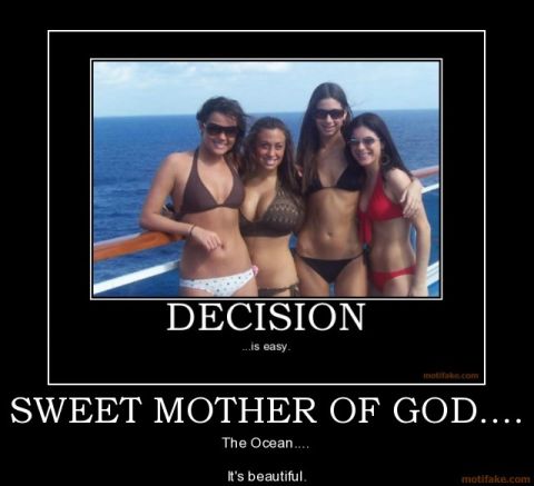 2001 Ford F-150 - A motivational poster four women in bikinis on a boat deck, with text that reads "DECISION...is easy."