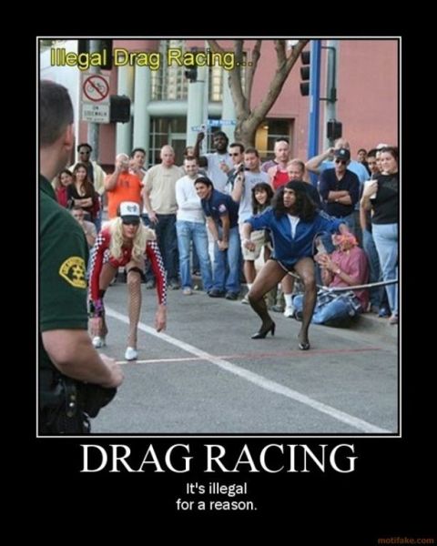 2001 Ford F-150 - This image depicts an illegal drag race event with participants in drag attire and onlookers.