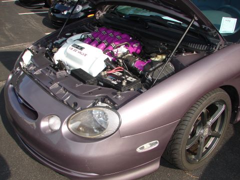 1992 Ford Taurus - Engine bay of a 1996 Ford Taurus with a modified V8 engine and purple intake components.