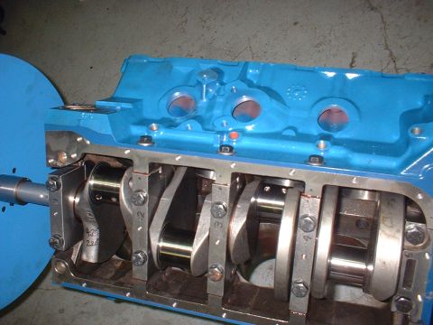 1968 Ford Galaxie - Close-up of an engine block with a crankshaft, likely a Ford FE engine.