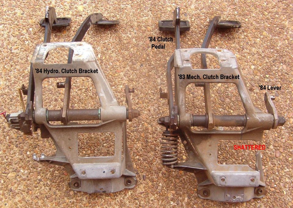 The same pedal bracket is used for mechanical & hydraulic clutches from '80-86, but the clutch pedal, shaft, lever, & switch changed in '84 for the hydraulic system.  The bracket & switch changed again in '87, and the bracket changed again in '92 to a cast Aluminum column & e-brake mount with a separate steel pedal bracket.

I'm transferring the switch, spring, & pedal pads onto the new pedals, and installing a new lever (since the splines can only be cut once).
