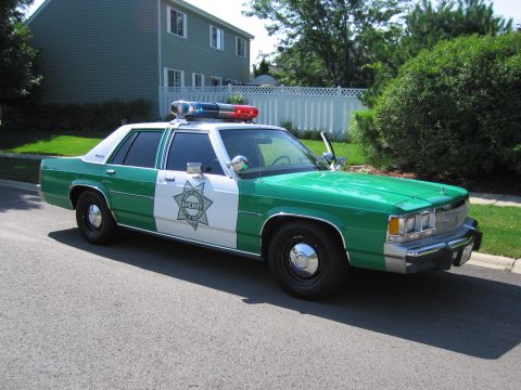1991 Ford Crown Victoria - This 1991 Ford Crown Victoria police car features a distinctive green and white paint scheme with a sheriff's star on the door.