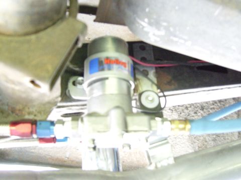 1972 Ford Ranchero - Close-up of a Holley fuel pump assembly with associated plumbing.