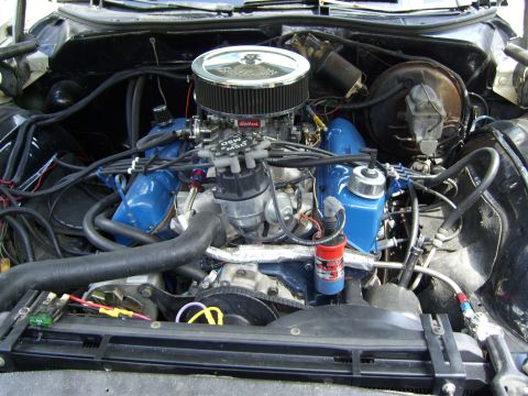 1972 Ford Ranchero - Close-up view of an engine bay blue valve covers, a chrome air cleaner, and an MSD ignition system.