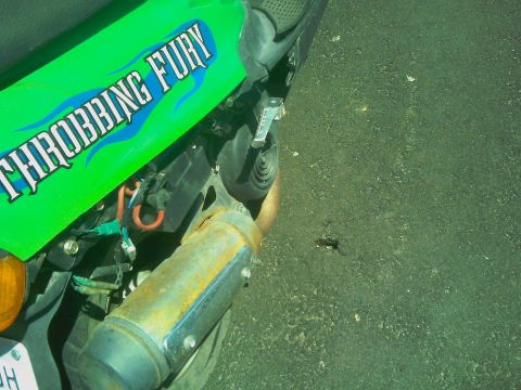 1995 Ford Bronco - A close-up view of a green motorcycle's side panel and exhaust system.