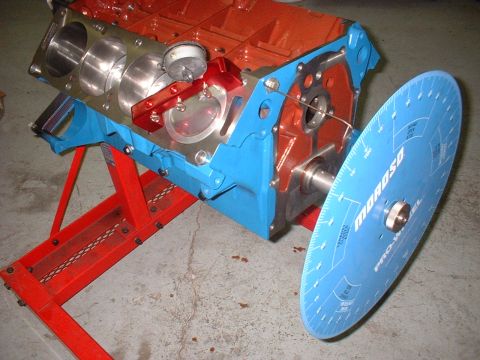 1968 Ford Galaxie - Engine block assembly with a Moroso Pro-Wheel timing disc attached for measurement.