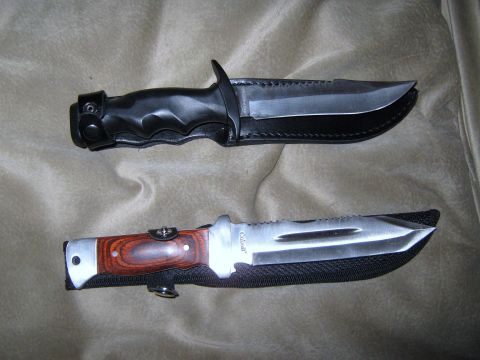 2000 Mercury Grand Marquis - Two hunting knives are displayed on a textured surface. One has a black handle and sheath, the other a wood handle.