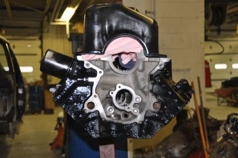 1996 Ford Bronco - Engine block with oil pan installed, likely undergoing maintenance or rebuild.