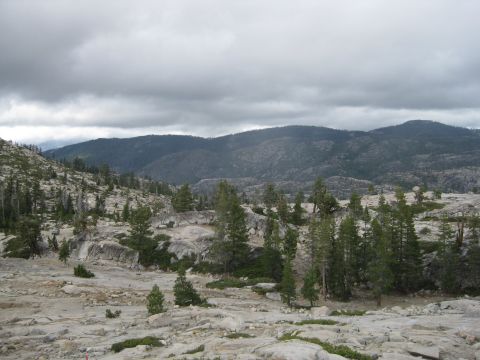 1986 Ford Bronco - A vast, terrain with scattered trees and rocky outcrops stretches towards distant mountains under an overcast sky.
