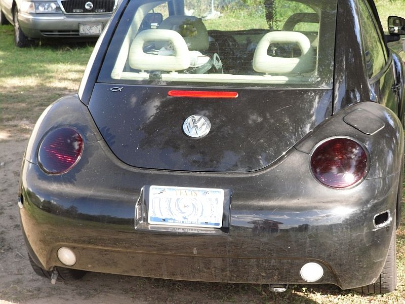 Rear of a black Volkswagen New Beetle parked on grass
