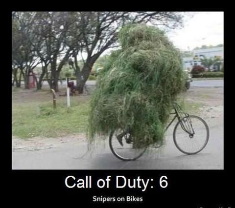 2006 Ford E350 - A person on a bicycle is camouflaged with grass.