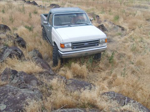 1989 Ford Bronco - A two-tone Ford pickup truck navigates a rocky, overgrown hillside.