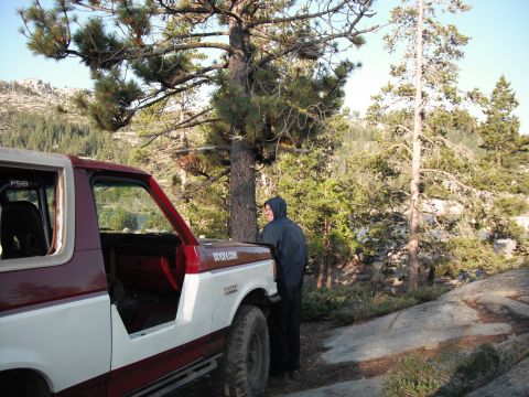 1991 Ford Bronco - A person stands next to a red and white Ford Bronco on a wooded trail.