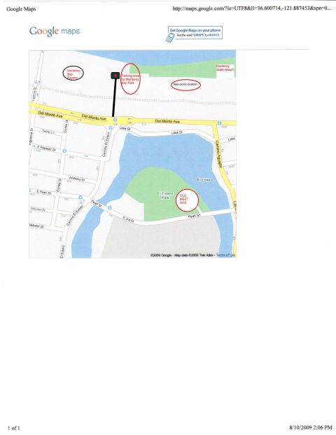 1995 Ford Taurus - A Google Maps screenshot displays annotated locations including a parking area for Monterey Bay Park and a new picnic spot.