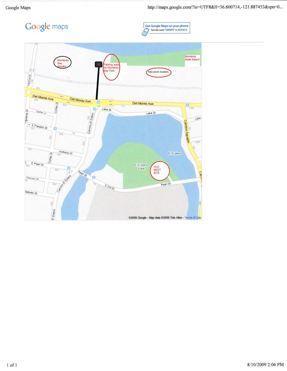 Google Maps screenshot with circled locations near Del Monte Ave, Monterey