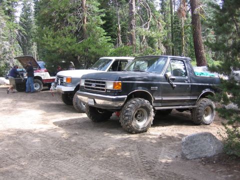 1989 Ford Bronco - Several trucks are parked in a wooded area, with people working on one of them.