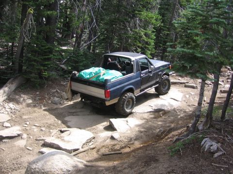1989 Ford Bronco - This 1989 Ford Bronco navigates a challenging off-road path through a forest.