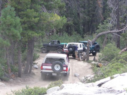 1989 Ford Bronco - Multiple 4x4 vehicles, including a 1989 Ford Bronco, navigate a dusty trail in a wooded area.