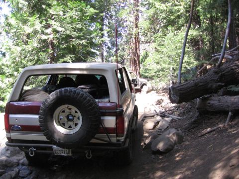 1989 Ford Bronco - 1989 Ford Bronco navigating a rocky forest trail, with a second vehicle following.