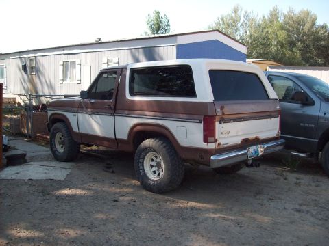 1985 Ford Bronco - The rear of a two-tone Ford Bronco is visible, parked next to another vehicle.