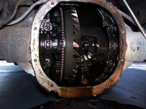 2007 Ford Mustang - Close-up of a vehicle's differential, showing internal gears and lubrication.