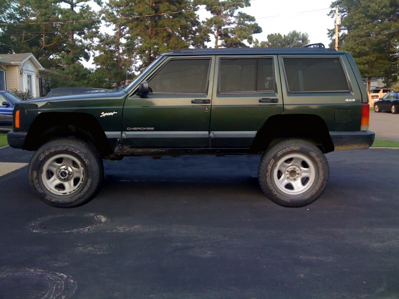 Green Jeep Cherokee Sport with lifted suspension and aftermarket wheels parked on asphalt