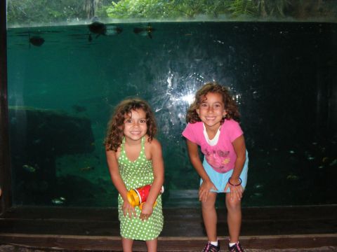 2008 Jeep Cherokee - Two girls pose for a photo in front of a large aquarium exhibit.