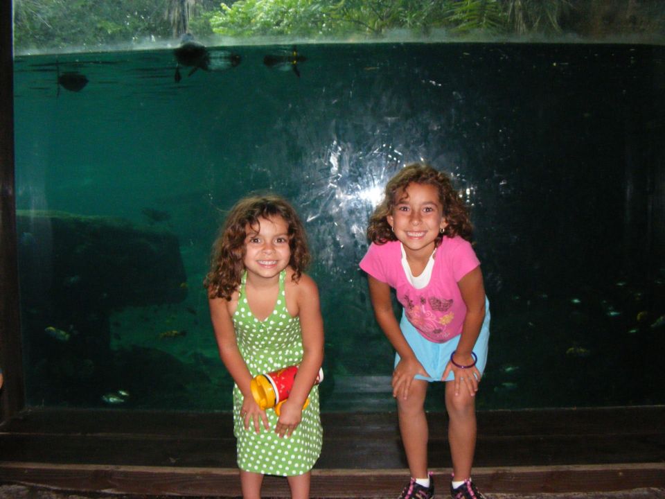 Two smiling girls stand before a large aquarium tank with aquatic life visible