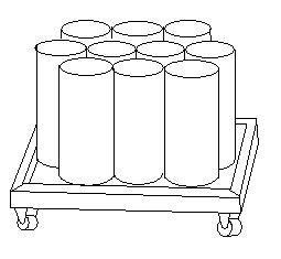 1965 Ford Mustang - Simple line-drawing illustration of nine cylindrical containers grouped on a small wheeled cart.
