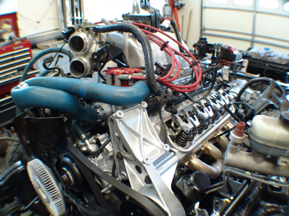 Ford V8 engine with blue intake tubes and red spark plug wires