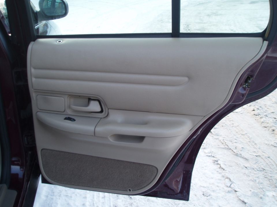 Tan interior door panel with armrest and window controls, purple exterior visible