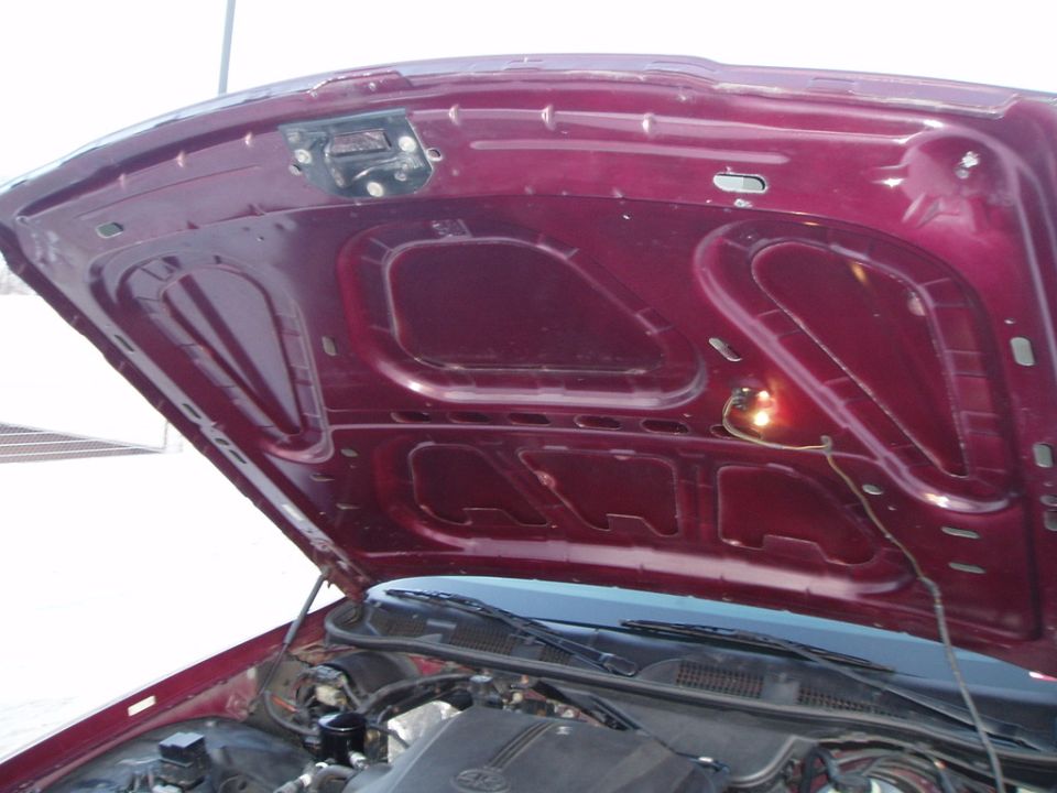 1999 Ford Crown Victoria hood underside, showing insulation and latch mechanism