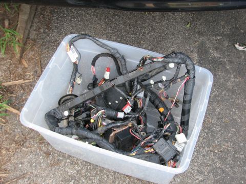 1999 Ford Crown Victoria - A complete automotive wiring harness removed from a car and coiled inside a clear plastic storage tote set on gravel pavement. Loom tape, w…