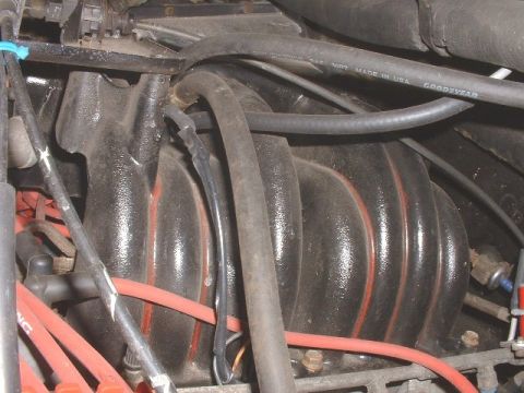 1986 Ford Bronco - Close-up view of engine components, including vacuum lines and spark plug wires.