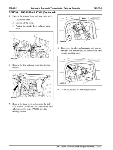 2003 Ford Crown Victoria - Service procedure page for 2003 Crown Victoria transmission external controls with numbered removal/installation steps, figures, and torque…