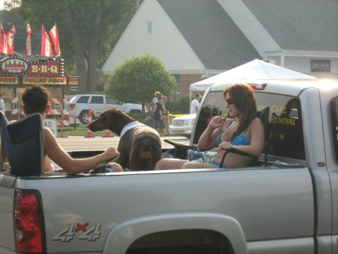 1988 Mercury Grand Marquis - People and a dog relax in the bed of a pickup truck at an outdoor event with a BBQ stand visible.