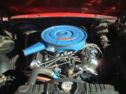 1967 Ford Galaxie - The engine bay of a 1967 Ford Galaxie features a V8 engine with a prominent blue air cleaner assembly.