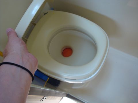 1988 Ford F-350 - Interior view of a toilet with a hand lifting the lid, showing the bowl and an orange stopper.