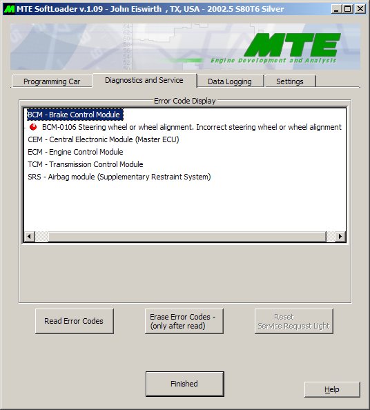 MTE SoftLoader diagnostic software screenshot showing BCM-0106 steering wheel alignment error code on a Volvo S80 T6