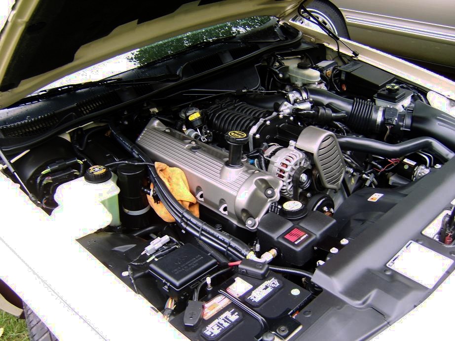 Supercharged V8 engine bay with finned valve covers in a tan-colored car