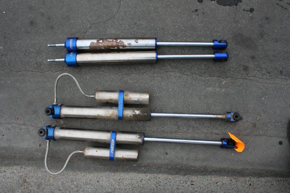 Four shock absorbers with blue accents, two with external reservoirs. One has 'PRO-TEC' visible