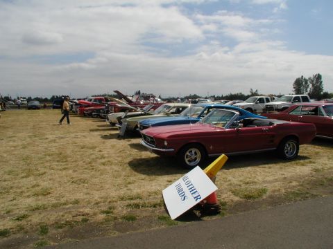 1967 Ford Ranchero - A line of classic Ford vehicles, including a red 1967 Mustang convertible, are displayed on a grassy field under a cloudy sky.