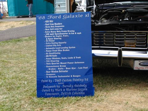 1967 Ford Ranchero - Sign details a 1968 Ford Galaxie xl, including engine, bodywork, and ownership history.