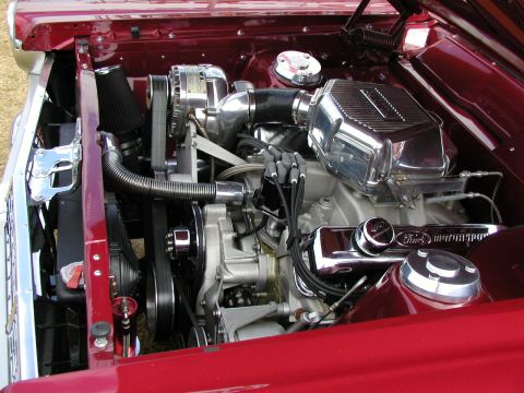1967 Ford Ranchero - Close-up of a supercharged V8 engine, Ford Motorsport valve covers and a polished intake manifold.