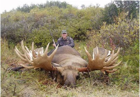 1974 Ford Ranchero - A hunter poses with a massive moose he has downed in a wooded area.