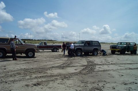 1989 Ford F-150 - Several Ford Broncos and a pickup truck are parked on a sandy beach under a partly cloudy sky.