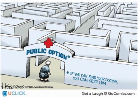 2008 Ford Bronco - A cartoon depicts a maze representing the "Public Option" healthcare plan, with text stating "If you can find your doctor, you can keep him…