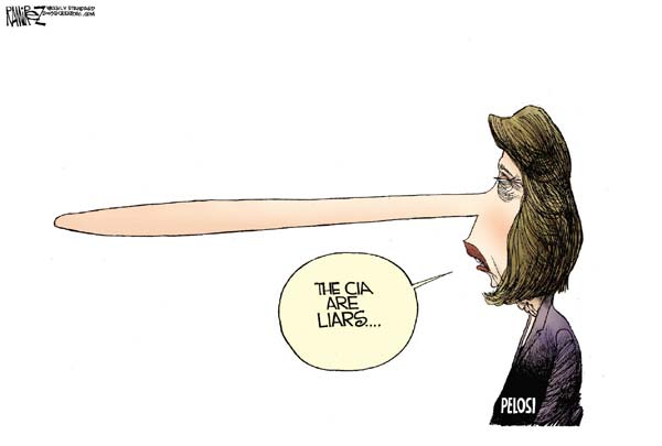 Cartoon of a woman with a long nose saying 'The CIA are liars'