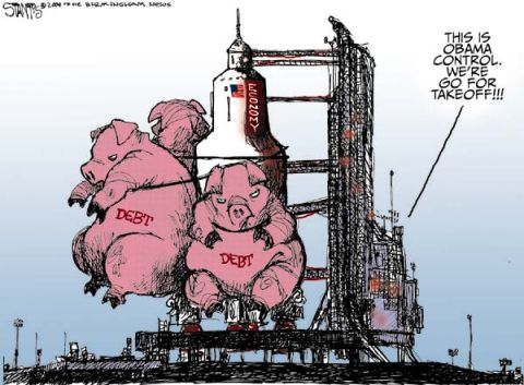2008 Ford Bronco - Political cartoon depicting debt as pigs on a rocket, ready for launch.